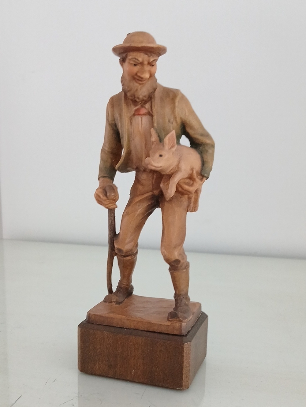 ANRI Pig Farmer Man Holding Pig Figurine Rustic Mid-Century Italian Wood Art 7"